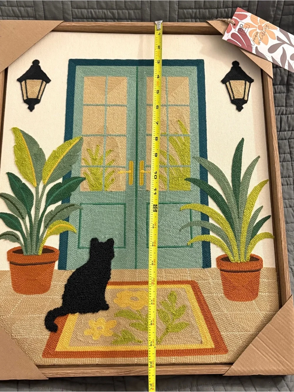 NEW BP Home Woven Embroidery Wall Art Black Cat at Door Plants 17